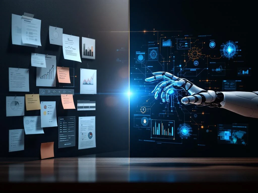 Gesplitst scherm toont traditioneel projectbeheer links versus AI-aangedreven digitale dashboards rechts met robothand