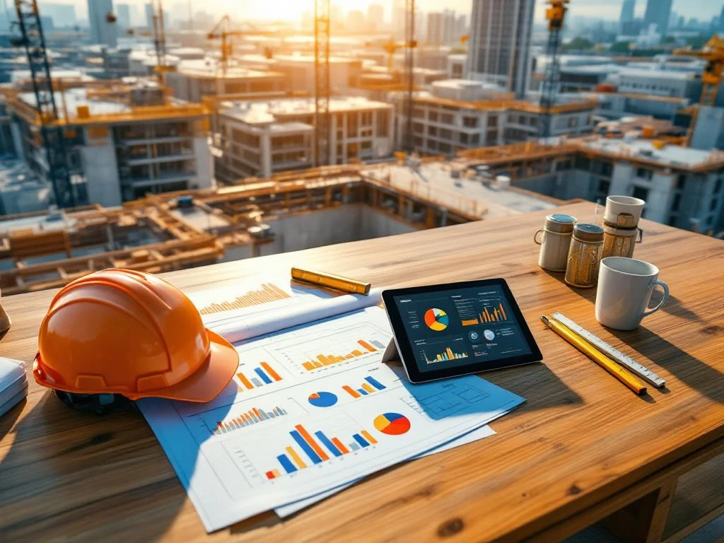 Luchtfoto van moderne bouwplaats met kranen, betonnen fundamenten en staalconstructie, blauwdrukken op bureau