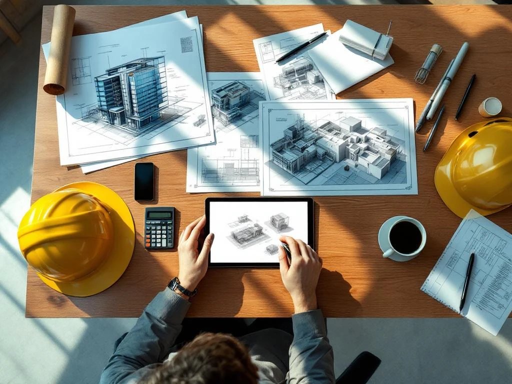 Bouwplaats met architecturale blauwdrukken op houten bureau, tablet met 3D-modellen, tekengereedschap en veiligheidshelm