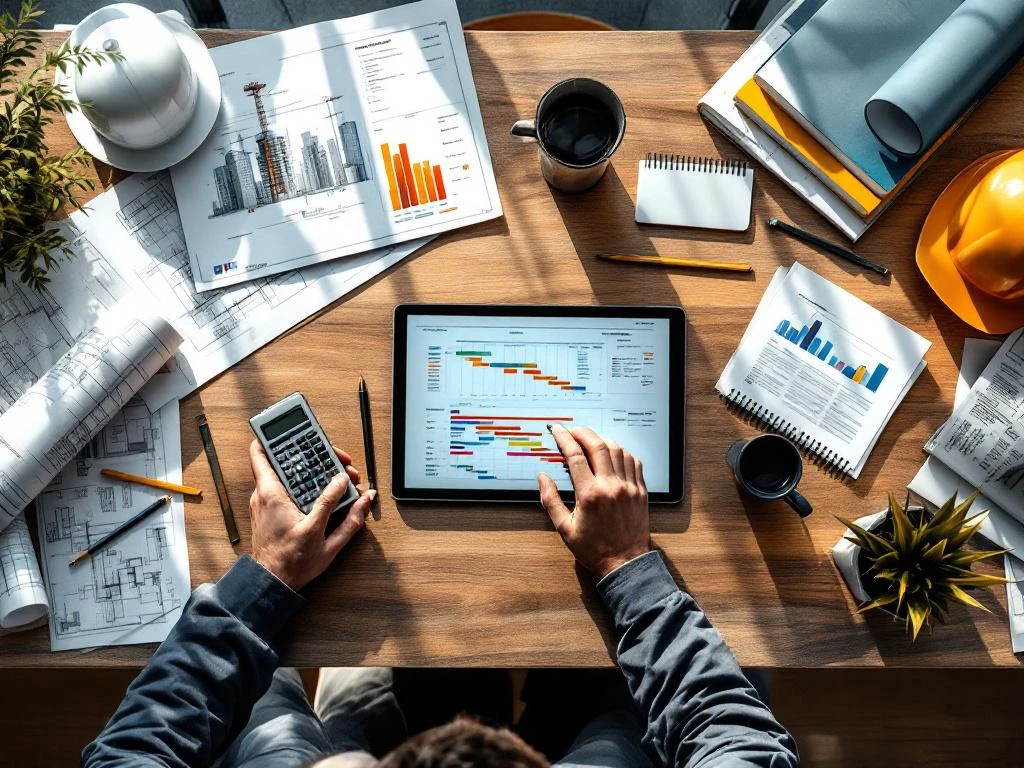 Bovenaanzicht van moderne werkruimte met bouwplannen, tablet met Gantt-diagrammen en precisie-instrumenten op houten bureau