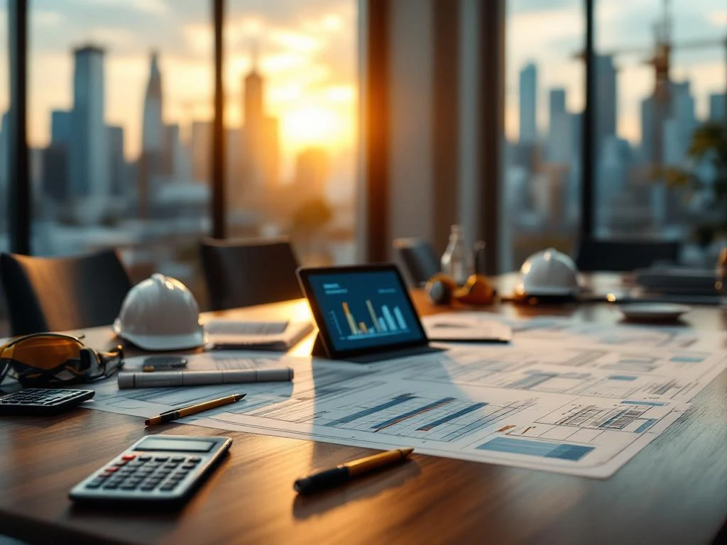 Houten vergadertafel met bouwhelmen, blauwdrukken en tablets in kantoor met stadsgezicht en bouwkranen op achtergrond