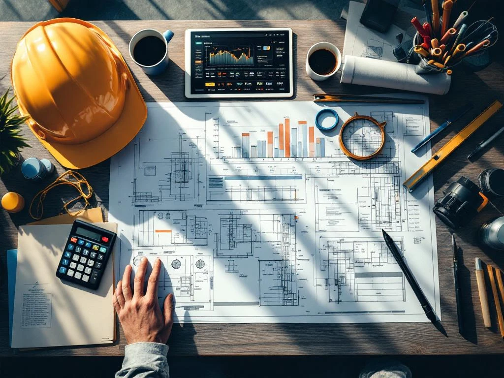 Bovenaanzicht van modern bureau met bouwhelm, tablet, blauwdrukken en technische tekeningen voor projectbeheer