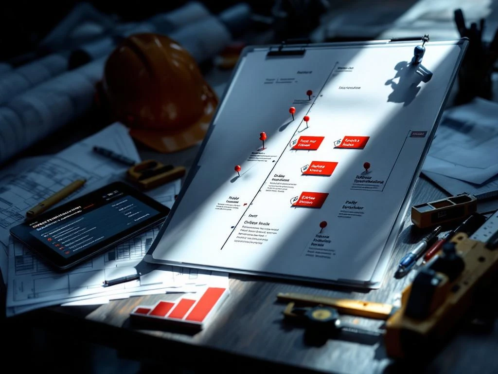 Projecttijdlijn bord met rode waarschuwingspinnen voor vertragingen, omringd door blauwdrukken en tablet met overzichtssoftware