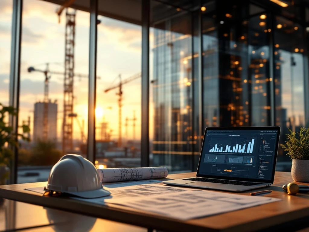 Modern glazen kantoorgebouw in Nederland met bouwkranen, bureau met blauwdrukken, helm en laptop tijdens gouden uur