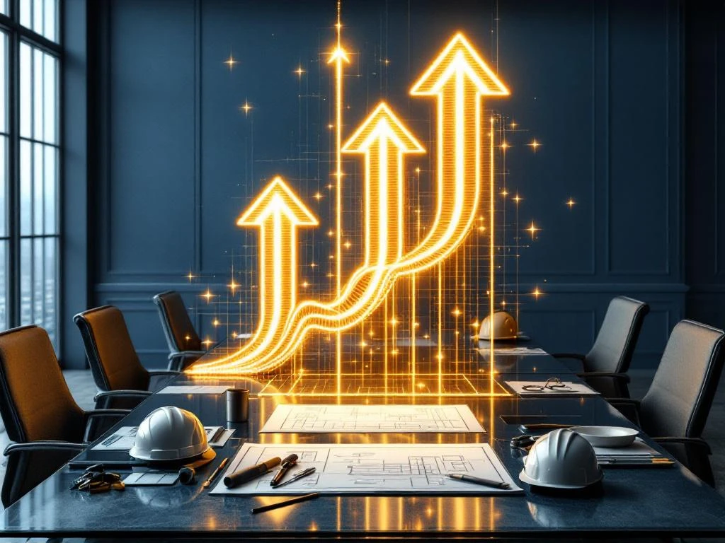 Luchtfoto van moderne boardroom met verlichte projectplannen en gouden lichtpijlen die carrièrepaden naar boven tonen