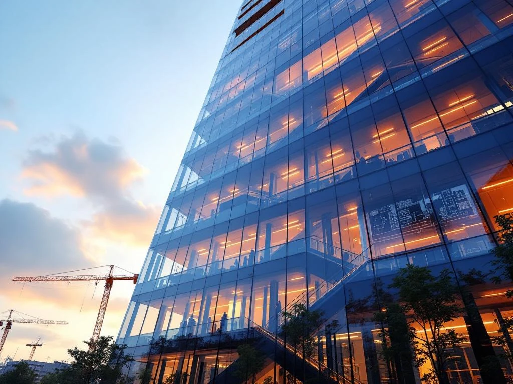 Modern glazen kantoorgebouw met verlichte verdiepingen en buitentrap, constructiekranen op achtergrond, gouden uurtje