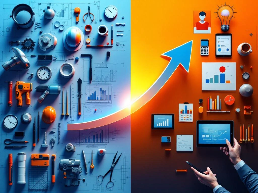 Split-screen toont carrièretransformatie van technische tools en blauwdrukken naar digitale projectmanagement en leiderschap