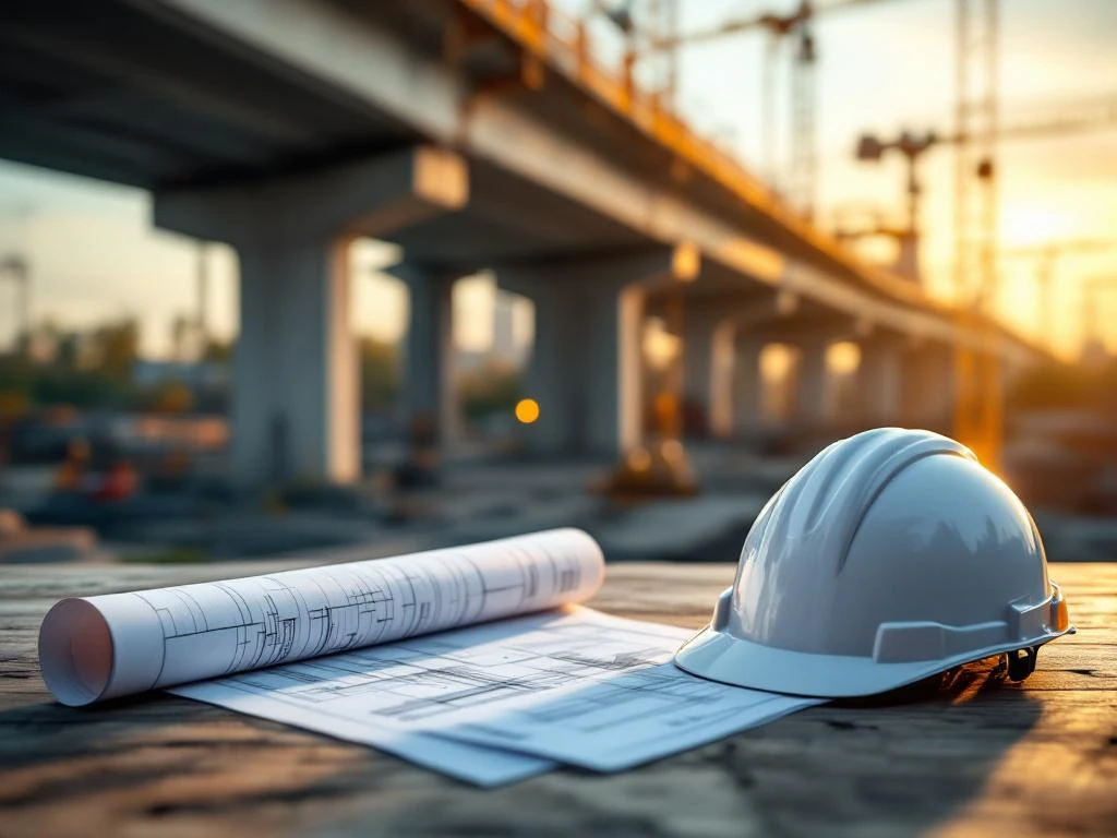 Bouwhelm en blauwdrukken op tafel met betonnen brug en hijskranen op bouwplaats bij zonsondergang