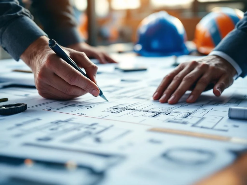 Handen assembleren technische blauwdrukken op bureau met precisie-instrumenten en constructiehelmen op achtergrond