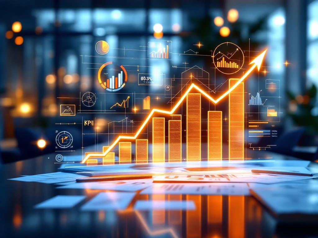 Moderne dashboard met holografische KPI-grafieken en prestatiemetingen boven conferentietafel met bouwplannen