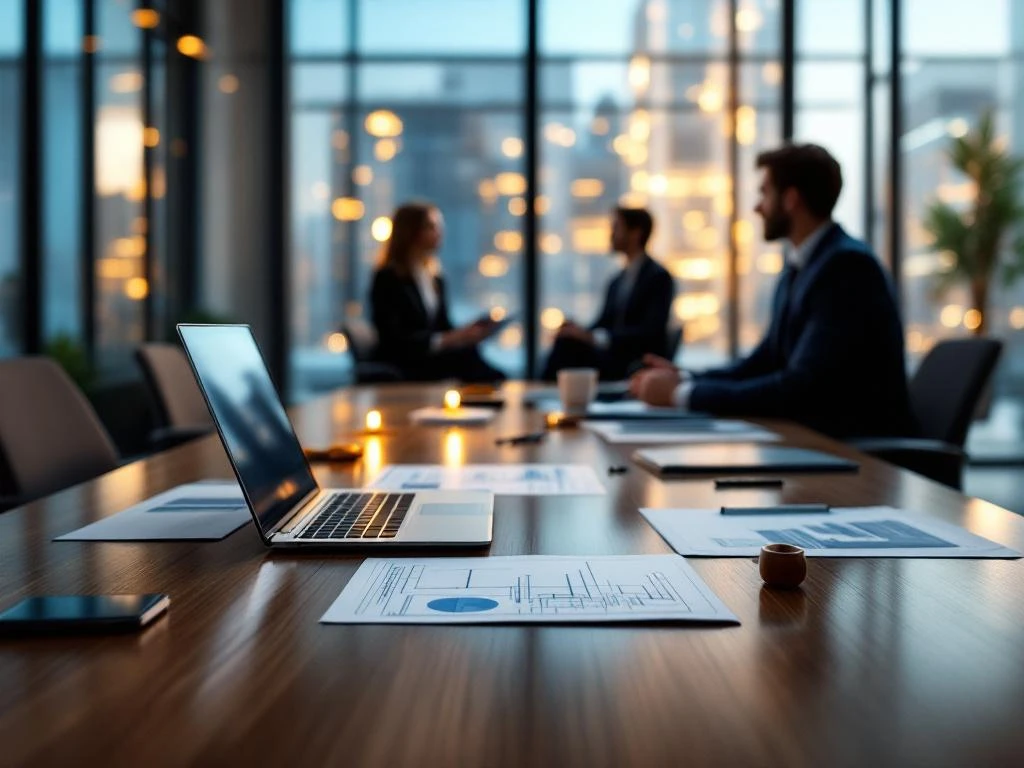 Moderne kantoor vergaderruimte met laptop, blauwdrukken en engineering tools op houten tafel, professionals op achtergrond