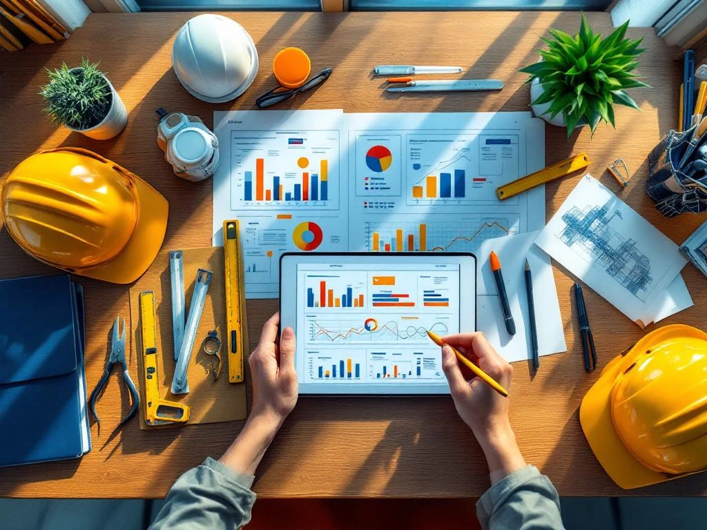 Bovenaanzicht van modern bureau met bouwhelmen, blauwdrukken, tablet met projectgrafieken en technische tekeningen