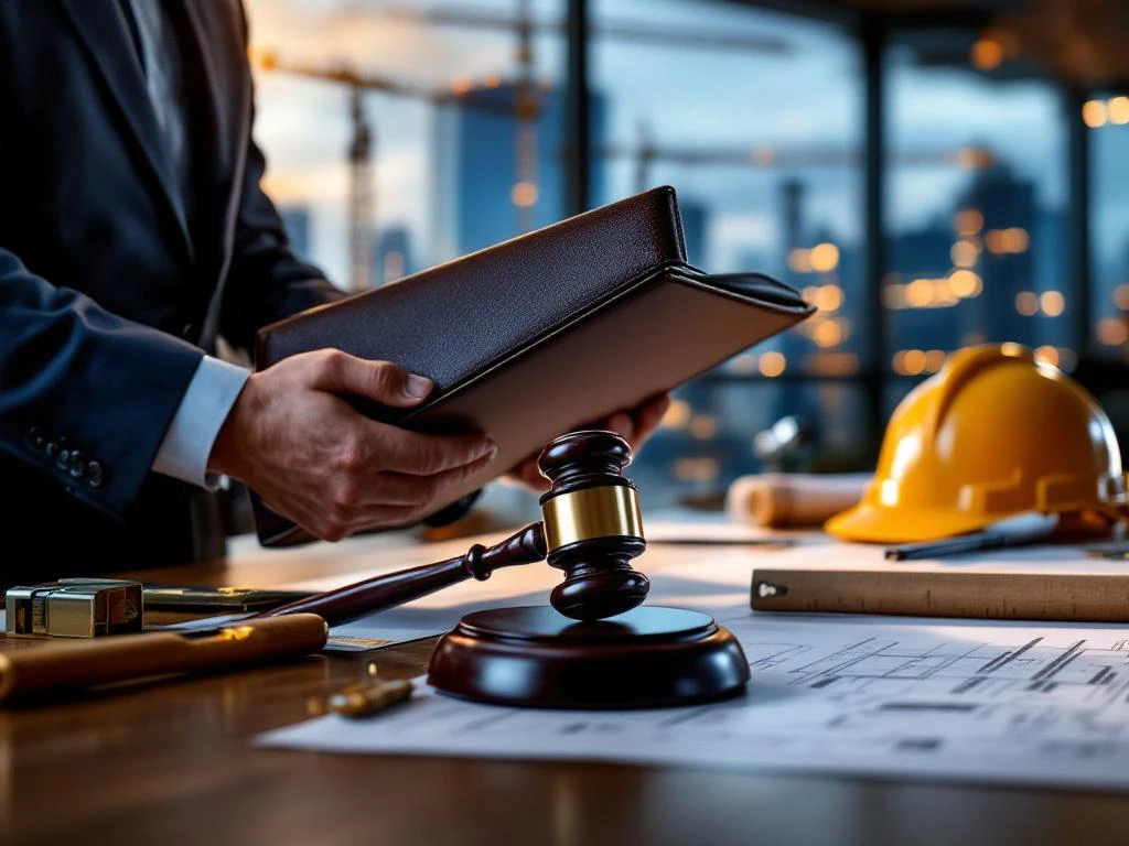 Professionele handen met leren portfolio op bureau met juridische documenten, blauwdrukken, hamer en helm