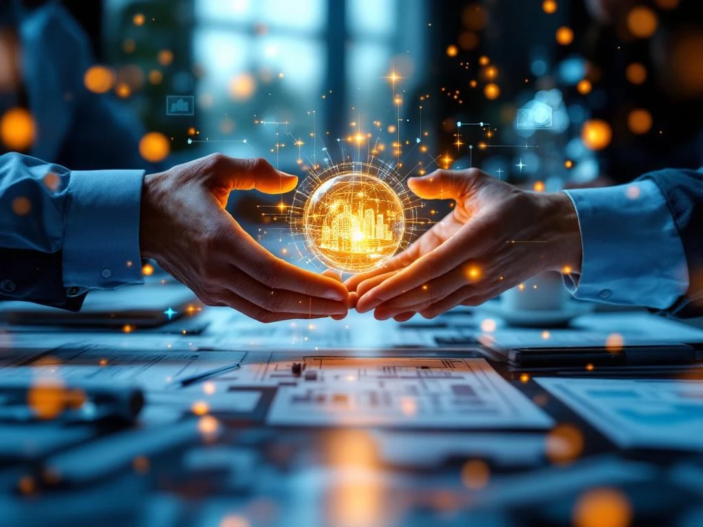 Handen die gloeiende digitale kennisbol doorgeven rond moderne vergadertafel met holografische projectdiagrammen