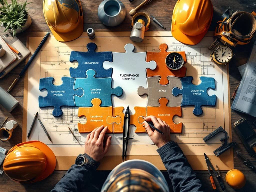 Bovenaanzicht van moderne bureau met blauwe en oranje puzzelstukken, kompas en technische tekeningen voor civiele techniek