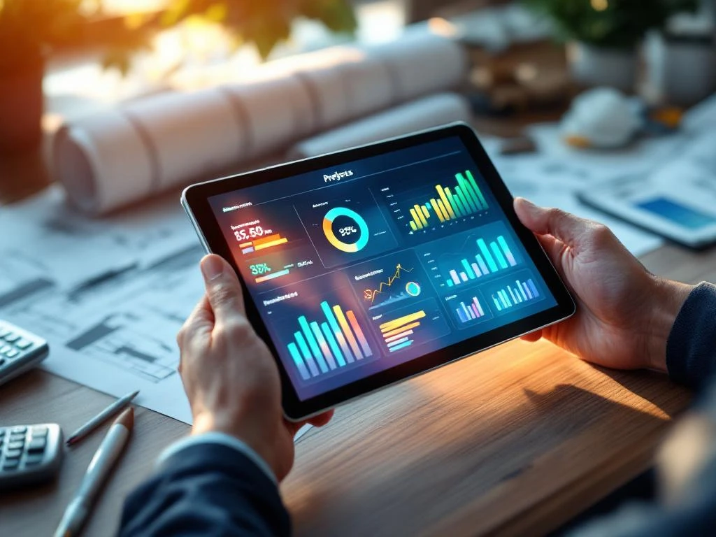 Handen houden tablet met kleurrijke project analytics dashboards, omringd door blauwdrukken en technische tools op bureau