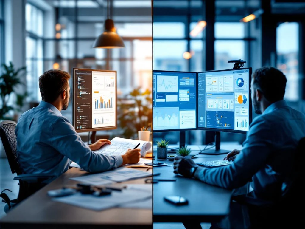 Gesplitst werkruimtebeeld: links blauwdrukken en technische tekeningen, rechts projectmonitoren met tijdlijnen en budgetten