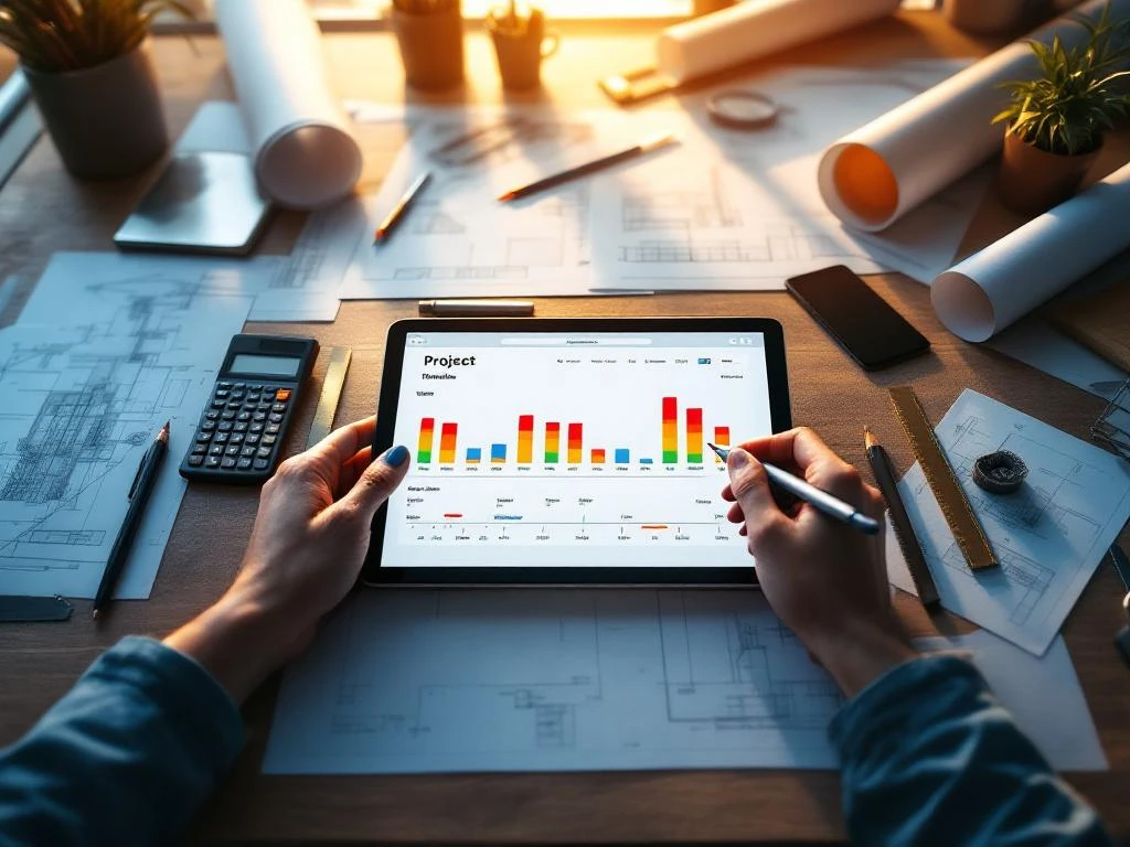 Bovenaanzicht van modern architectenbureau met blauwdrukken, tablet met projecttijdlijn en technische tekengereedschappen