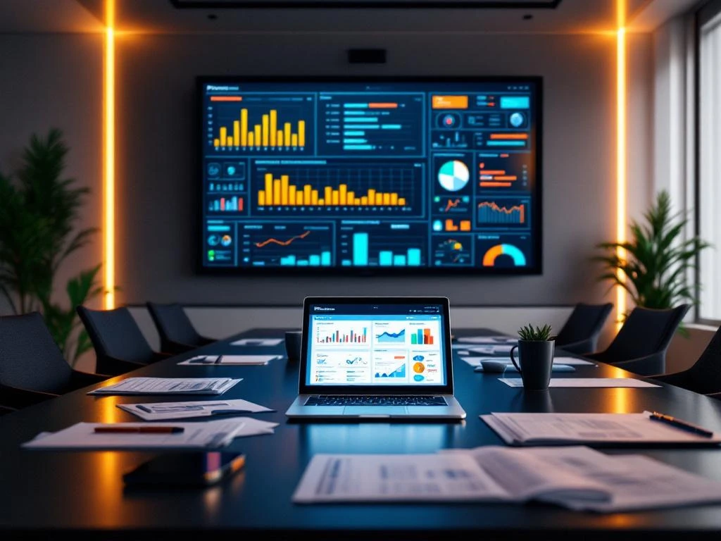 Moderne vergaderruimte met wandscherm met projectgrafieken, laptop met analytics en bouwplannen op conferentietafel