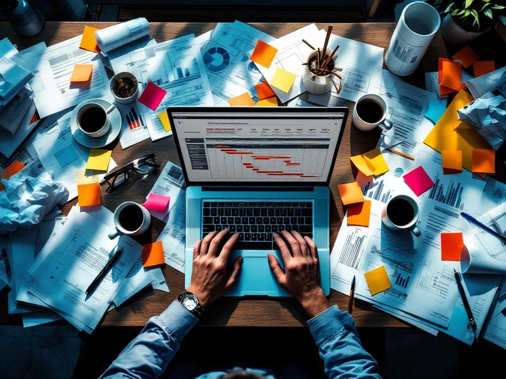 Chaotisch bureau met projectdocumenten, laptop met Gantt-grafiek en rode waarschuwingen, koffiekopjes en verfrommeld papier