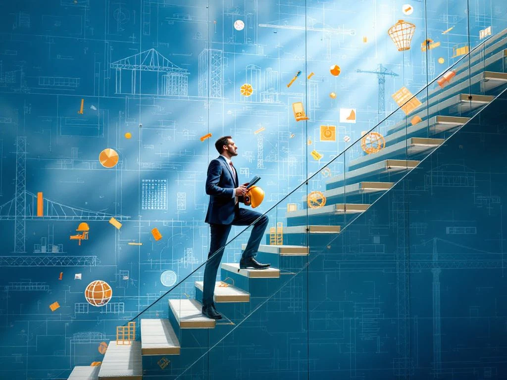 Professionele leider in pak klimt glazen trap met bouwhelm en tablet, omringd door technische tekeningen en projecttools
