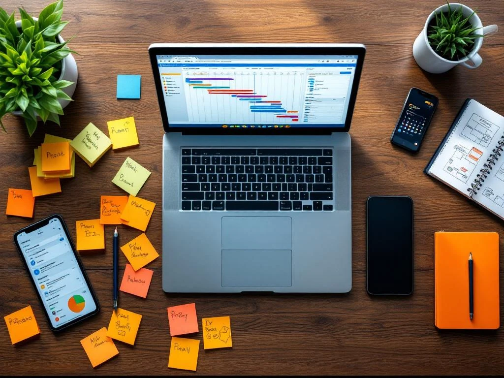 Bovenaanzicht van projectmanager bureau met laptop met Gantt-charts, tablet, notities en planningstools op houten tafel