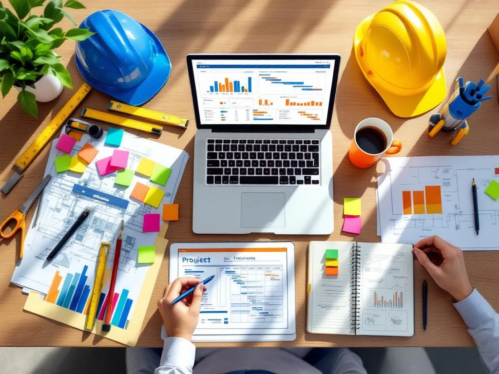 Bovenaanzicht van modern bureau met laptop met projectmanagementgrafieken, blauwdrukken, helm en meetgereedschap