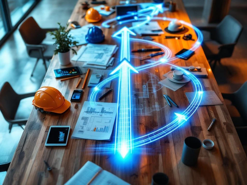 Moderne vergadertafel met blauwprints, helmen en tablets, met gloeiende blauwe pijlen die carrièrevoortgang symboliseren