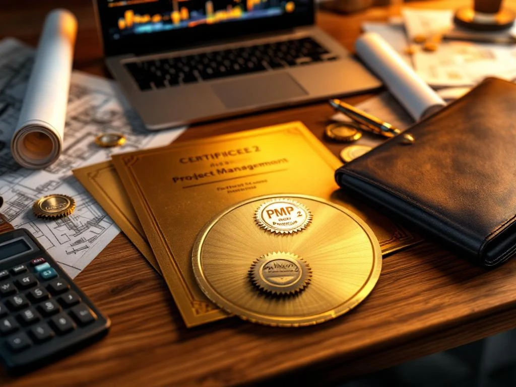 Gouden PMP en PRINCE2 certificaten met officiële zegels op houten bureau naast laptop en projectmanagement badges