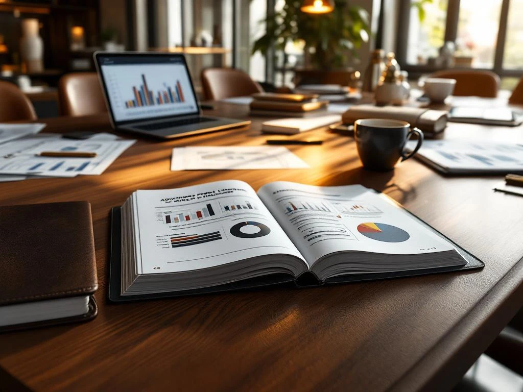 Houten vergadertafel met projectmanagement materialen, tablets met Gantt-grafieken en leiderschapshandboek in modern kantoor