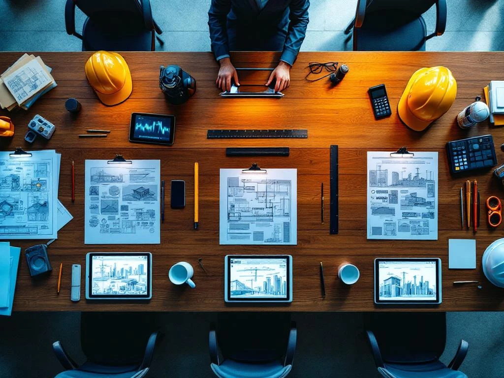 Luchtfoto van moderne conferentietafel met vijf projectfasen getoond door documenten, tablets en blauwdrukken