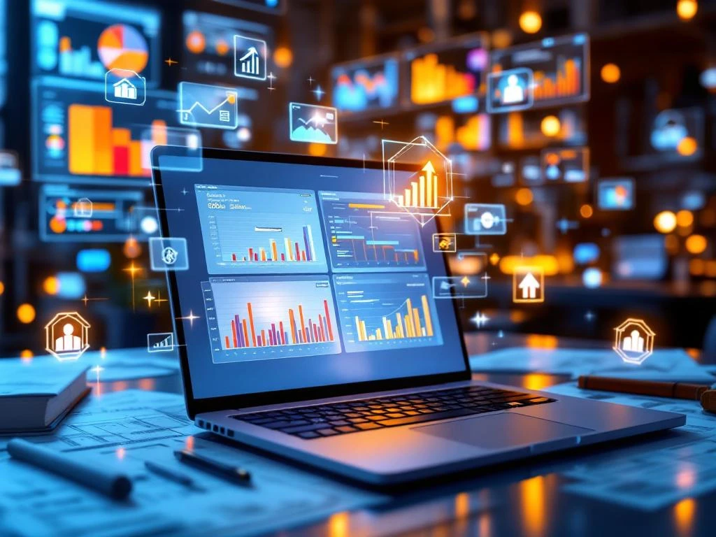 Digitale werkplek met projectmanagement dashboards, Gantt grafieken en holografische leericonen op laptop schermen