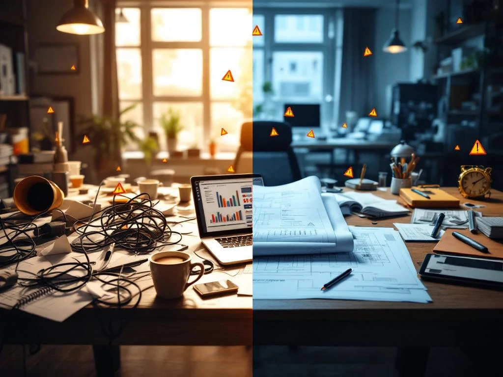 Gesplitst scherm toont rommelige werkplek links versus georganiseerde projectmanagement werkruimte rechts met tijdlijnen