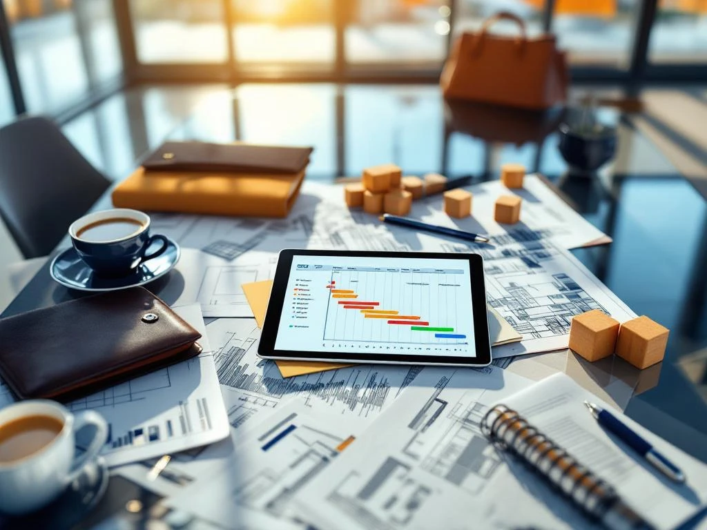 Moderne glazen vergadertafel met tablet met Gantt-diagrammen, blauwdrukken en projectmanagement tools van bovenaf
