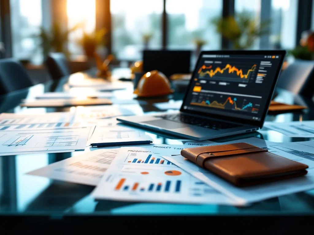 Moderne glazen vergadertafel met projectdocumenten, blauwdrukken en laptop in professioneel kantoor