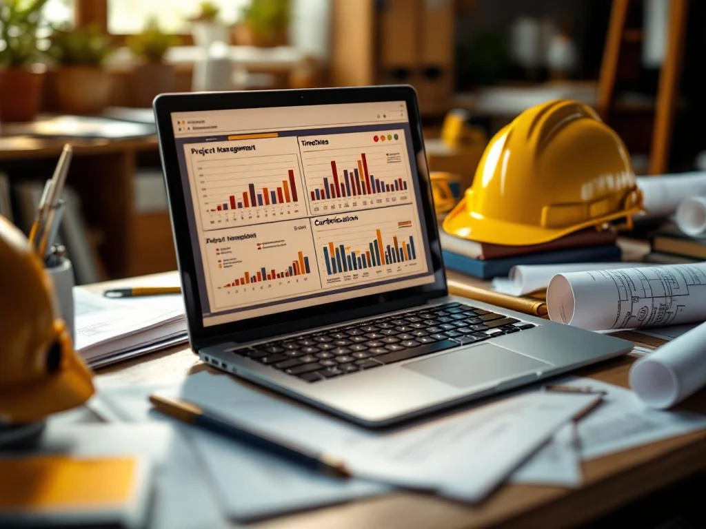 Laptop met projectmanagement grafieken op houten bureau omringd door diploma's, certificaten en technische boeken