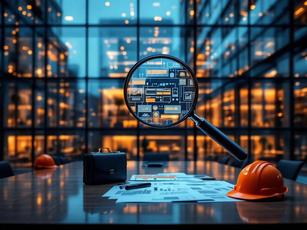 Luchtfoto van modern kantoorgebouw met glazen gevel, vergrootglas symbool en projectmanagement materialen op tafel