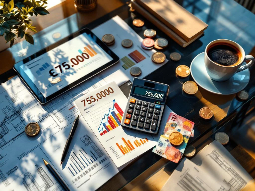 Glazen bureau met calculator die €75.000 toont, omringd door eurobiljetten, tablet met salarisgrafieken en koffiekopje