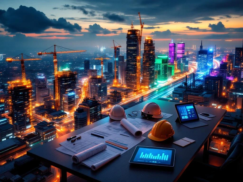 Luchtfoto van moderne stadshorizon met kleurgecodeerde sectoren en conferentietafel met bouwplannen en tablets