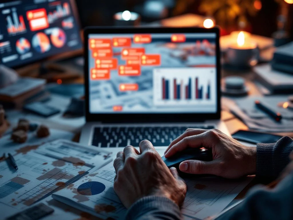 Gestresste handen grijpen computermuis op rommelig bureau met urgente notificaties en projectdocumenten verspreid