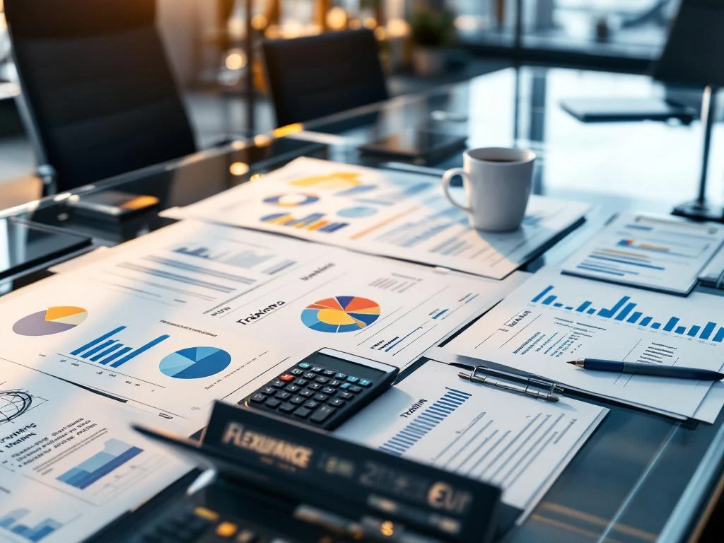 Moderne vergaderruimte met projectmanagement documenten, budgetanalyses en trainingscertificaten op glazen tafel