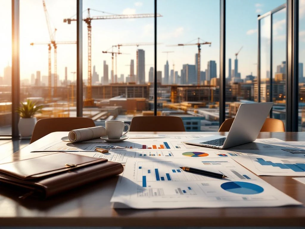 Moderne glazen vergaderruimte met projectmanager werkplek, blauwdrukken op tafel en bouwplaats op achtergrond