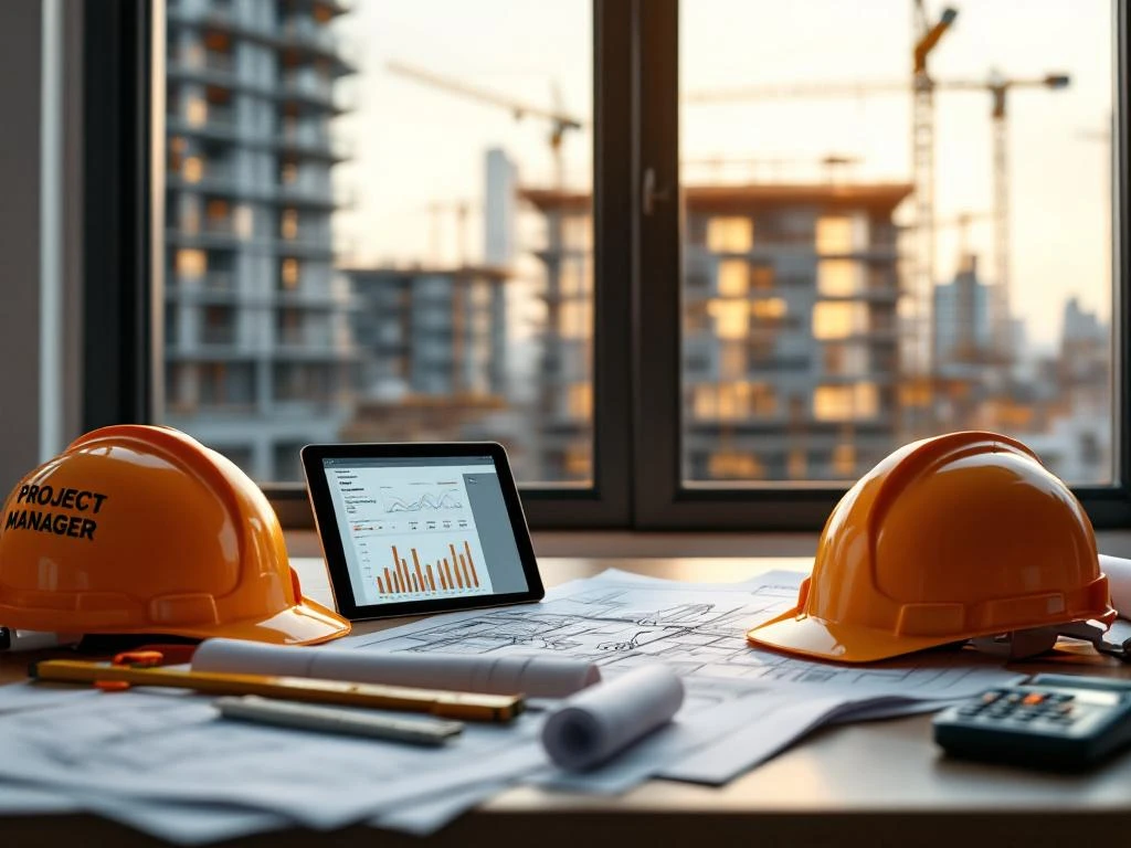 Projectmanager bureau met bouwhelm, blauwdrukken en tablet op bouwplaats met kranen op achtergrond