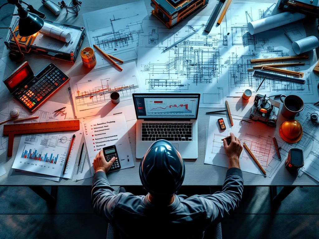 Bureauoverzicht van projectmanager met blauwdrukken, laptop met tijdlijnen en technische hulpmiddelen onder dramatische verlichting.