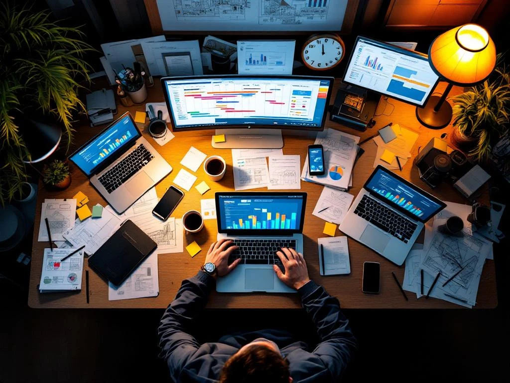 Projectmanager bureau met laptops, Gantt-grafieken, documenten en koffiekopjes onder bureaulamp in avonduren