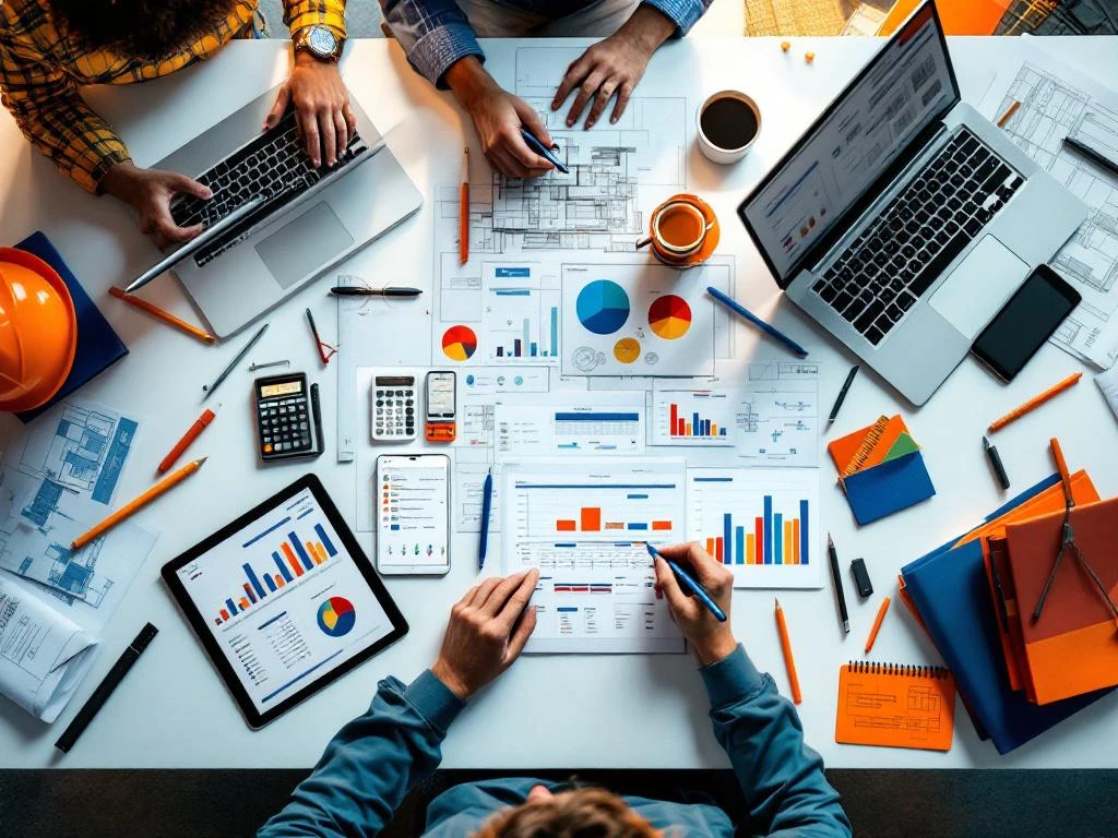 Bovenaanzicht van moderne projectmanager werkplek met laptops, tablets, blauwdrukken en technische documenten op wit bureau