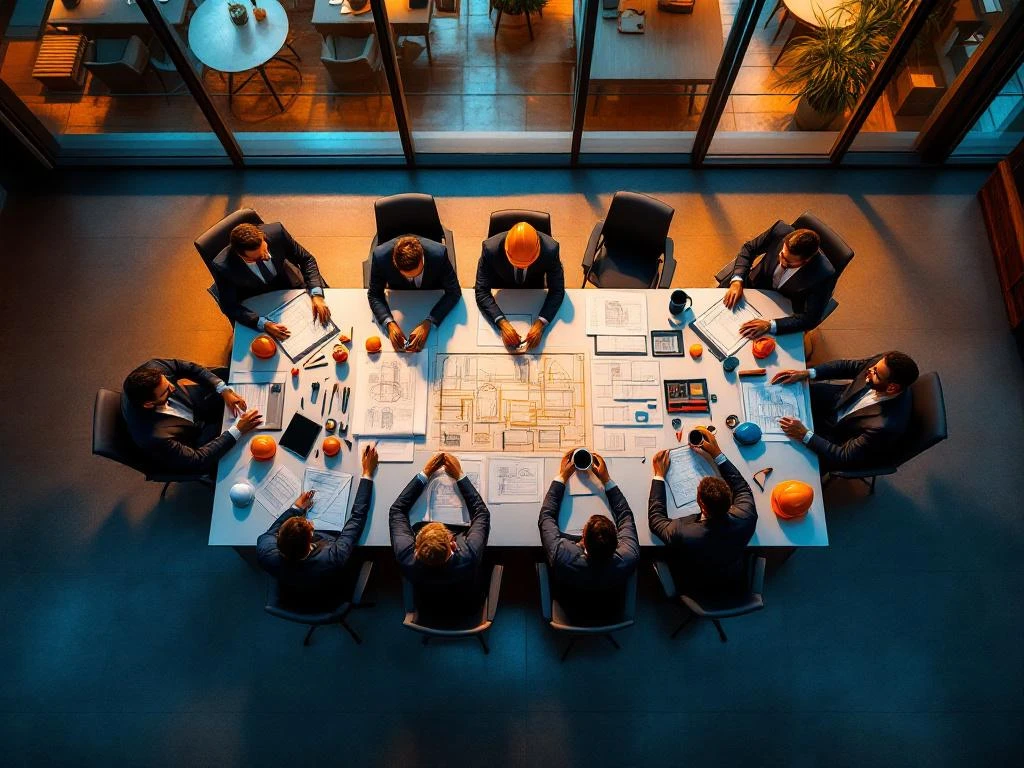 Luchtfoto van moderne boardroom met professionals rond vergadertafel met blauwdrukken en technische hulpmiddelen