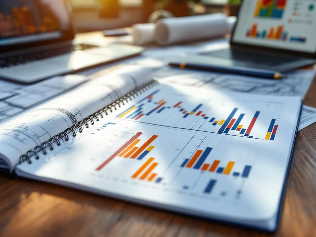 Houten bureau met open projectplanning notebook met Gantt-grafieken, laptop met projectsoftware en bouwkundige tekeningen