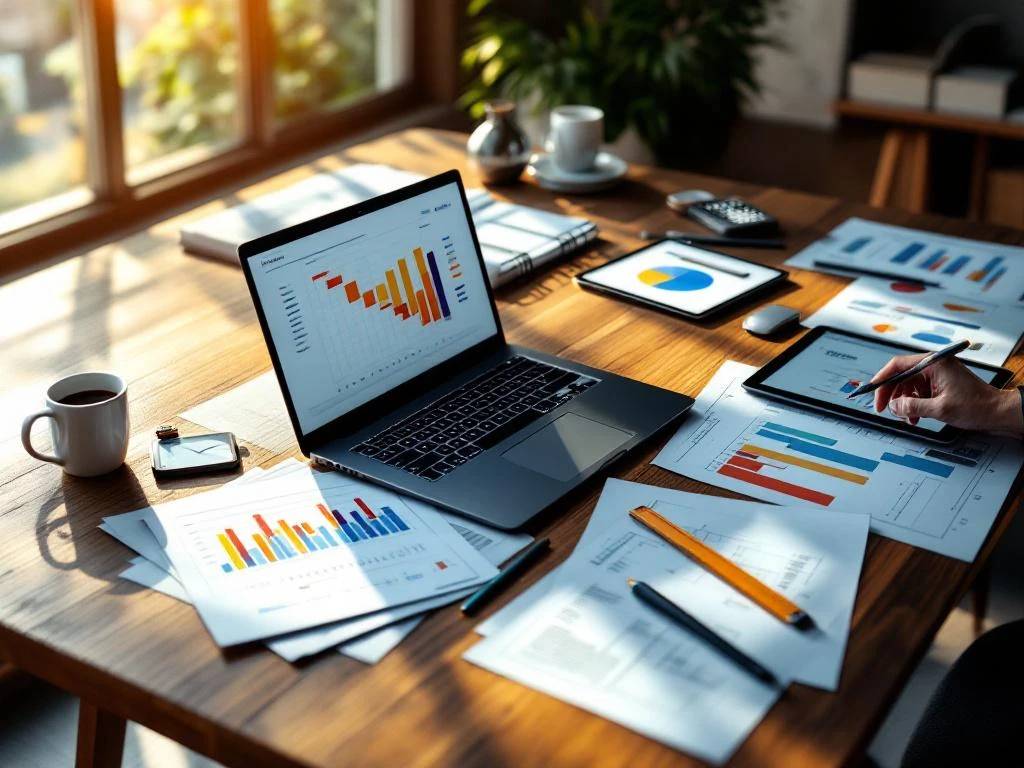 Moderne werkplek met laptop met Gantt-grafieken, blauwdrukken, tablet en planningstools op houten bureau