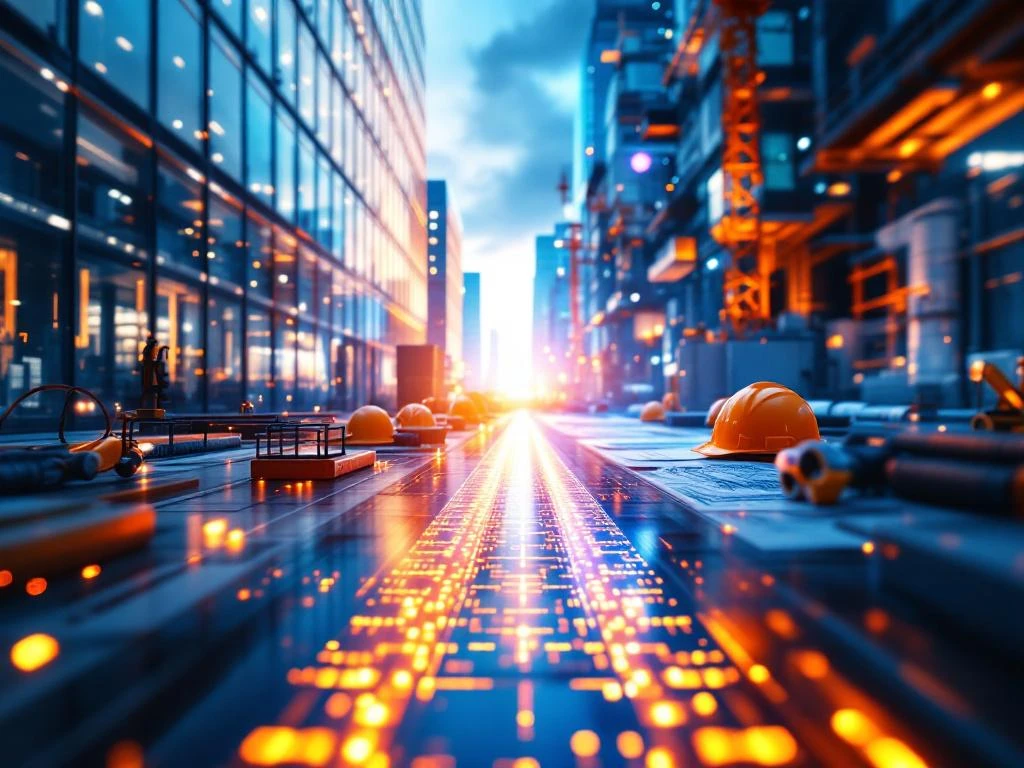 Moderne glazen kantoorgebouw verbonden met bouwproject via gloeiende brug, symboliseert recruitment in techniek